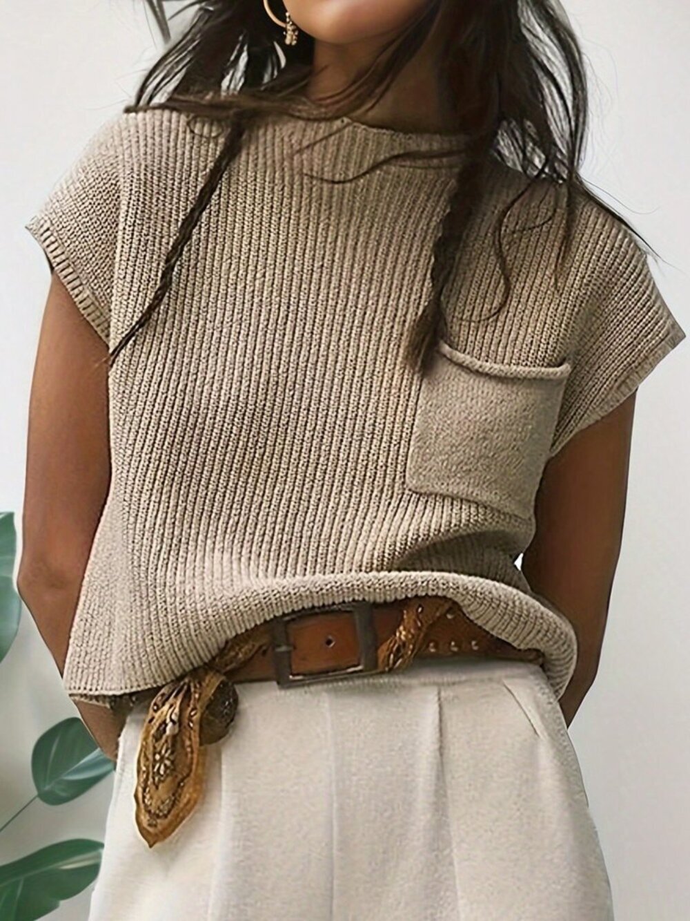Apricot Casual Women's Batwing Sleeve Patchwork Pocket Knit Top